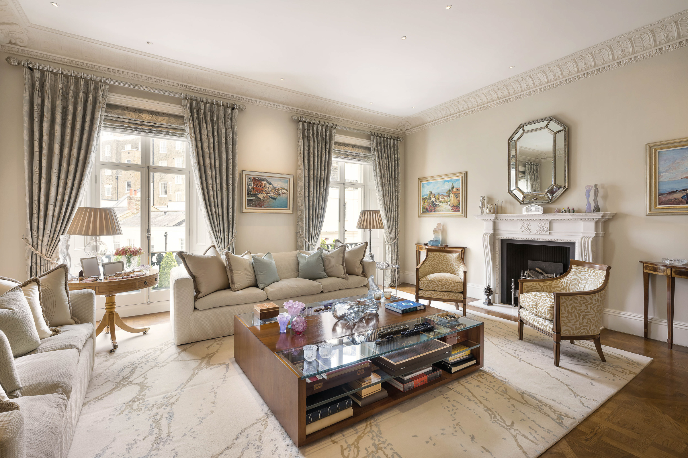 A lavish white Stucco-fronted townhouse in Belgravia